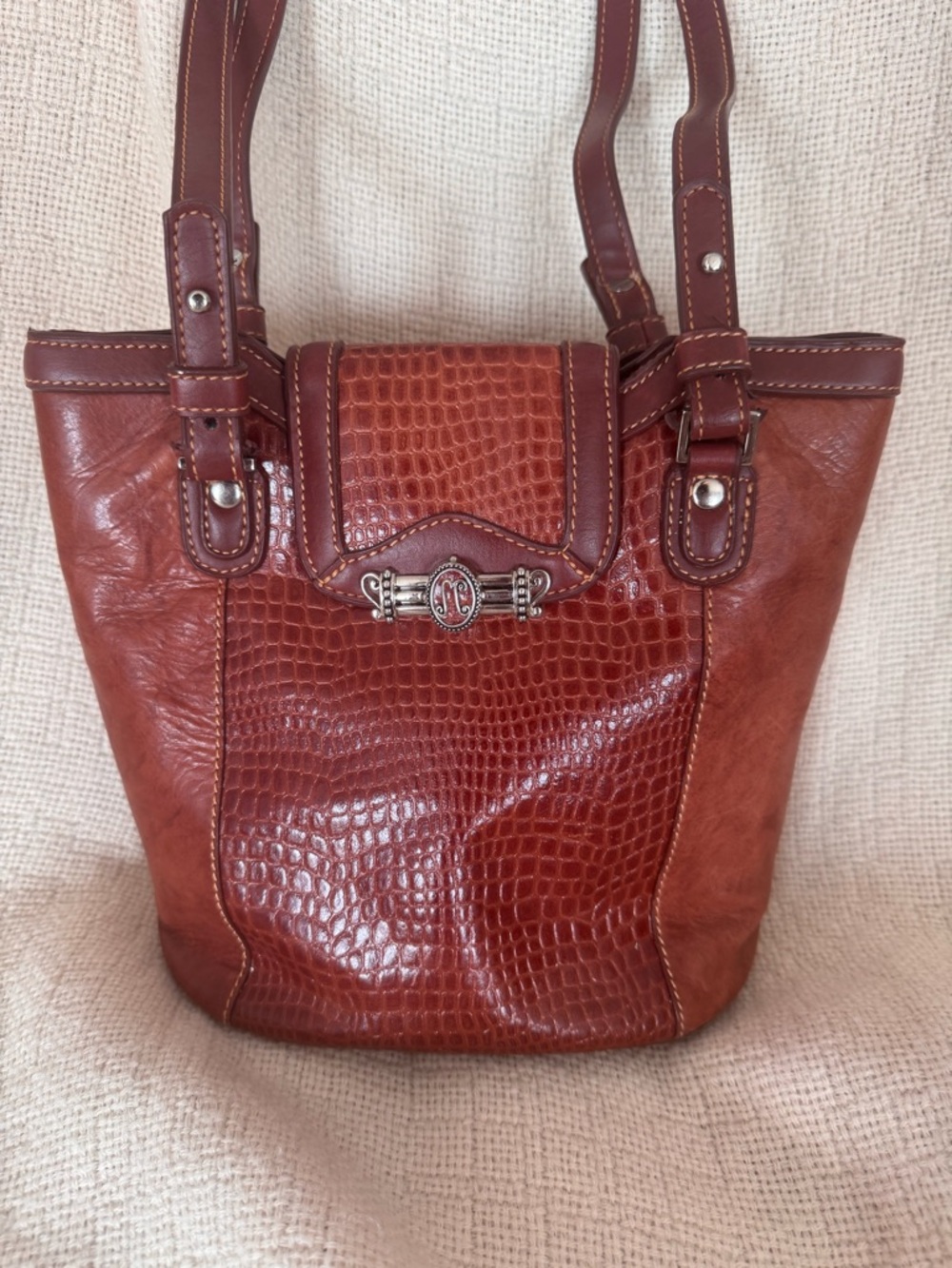 M.C. Croc-Embossed Leather Shoulder Bag in Cognac Brown
